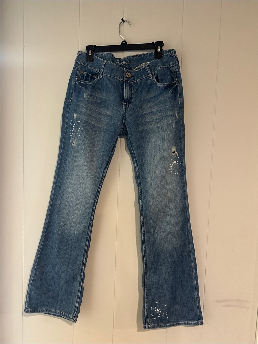 Y2K Amethyst Jeans Blue Paint-Splatter Flare Jeans